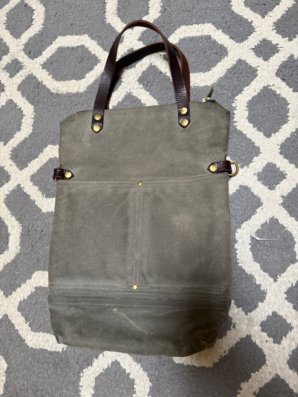 Olive Canvas Messenger Tote with Brown Leather Handles